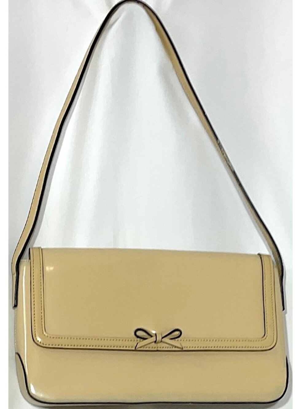 Purse Faux Patent Leather 7"H Beige-ish Shoulder Bag with Bow
